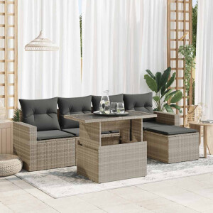 vidaXL 6-delige Loungeset met kussens poly rattan lichtgrijs