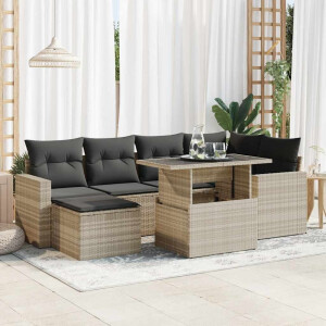 vidaXL 7-delige Loungeset met kussens poly rattan lichtgrijs