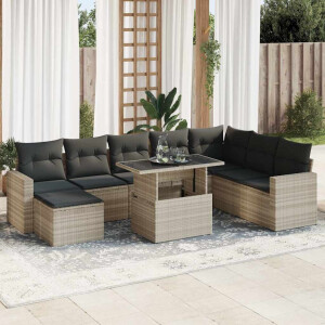 vidaXL 9-delige Loungeset met kussens poly rattan lichtgrijs