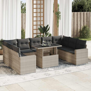 vidaXL 10-delige Loungeset met kussens poly rattan lichtgrijs