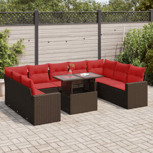 vidaXL 10-delige tuinbankset met kussens, bruin polyrotan en acacia