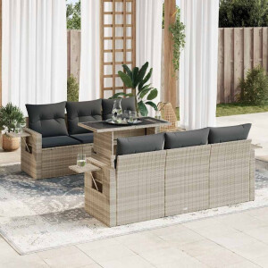 vidaXL 7-delige Loungeset met kussens poly rattan lichtgrijs