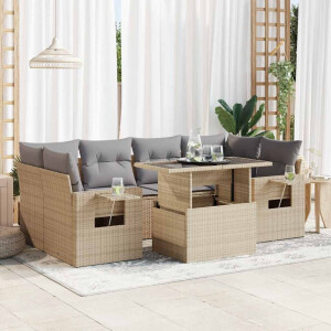 vidaXL 7-delige Loungeset met kussens poly rattan beige