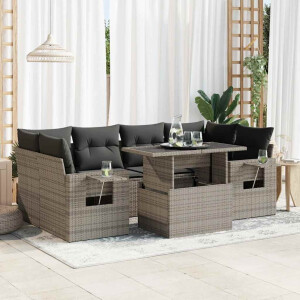 vidaXL 7-delige Loungeset met kussens poly rattan grijs