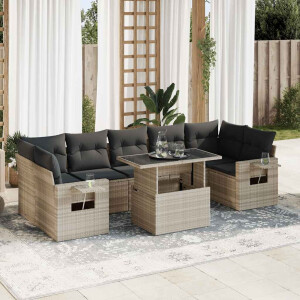vidaXL 8-delige Loungeset met kussens poly rattan lichtgrijs