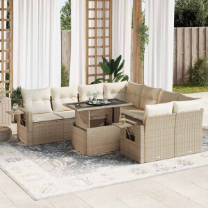 vidaXL 9-delige Loungeset met kussens poly rattan beige
