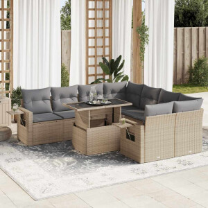 vidaXL 9-delige Loungeset met kussens poly rattan beige