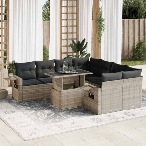 vidaXL 9-delige Loungeset met kussens poly rattan lichtgrijs
