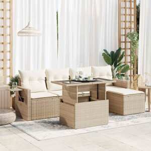 vidaXL 6-delige Loungeset met kussens poly rattan beige