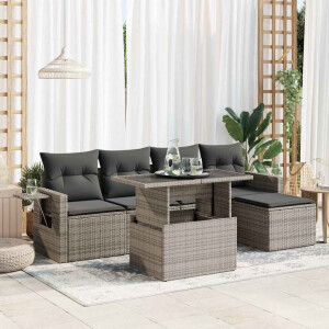 vidaXL 6-delige Loungeset met kussens poly rattan grijs