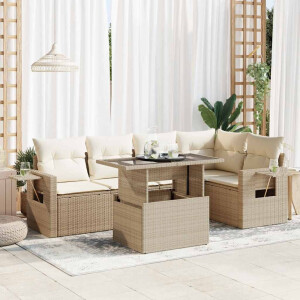 vidaXL 6-delige Loungeset met kussens poly rattan beige