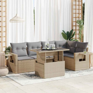 vidaXL 6-delige Loungeset met kussens poly rattan beige