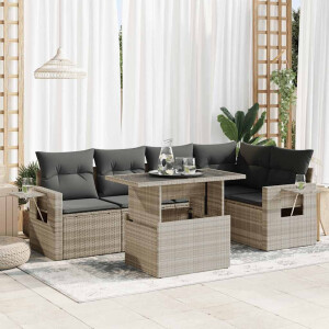 vidaXL 6-delige Loungeset met kussens poly rattan lichtgrijs