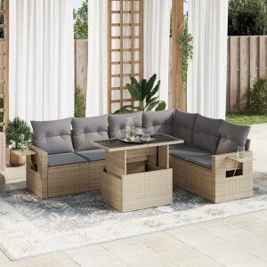 vidaXL 7-delige Loungeset met kussens poly rattan beige