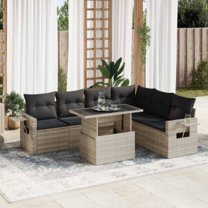 vidaXL 7-delige Loungeset met kussens poly rattan lichtgrijs