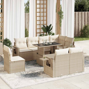 vidaXL 9-delige Loungeset met kussens poly rattan beige