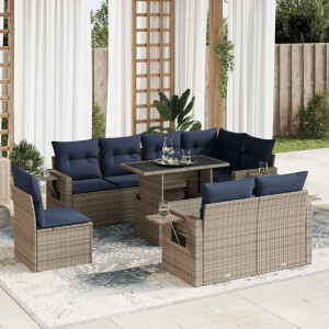 vidaXL 9-delige Loungeset met kussens poly rattan grijs