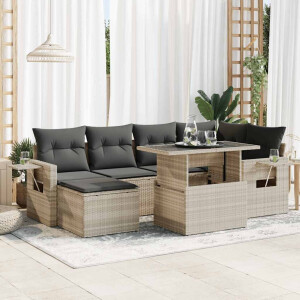 vidaXL 7-delige Loungeset met kussens poly rattan lichtgrijs