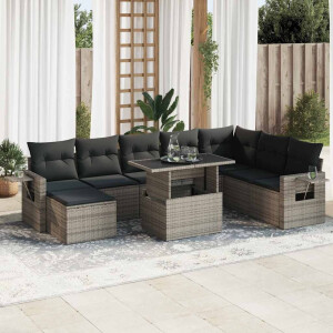 vidaXL 9-delige Loungeset met kussens poly rattan grijs