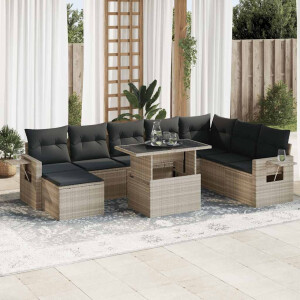 vidaXL 9-delige Loungeset met kussens poly rattan lichtgrijs