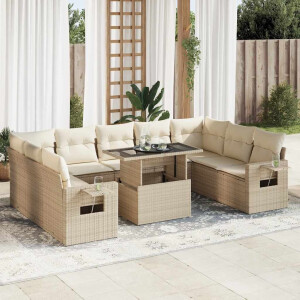 vidaXL 10-delige Loungeset met kussens poly rattan beige