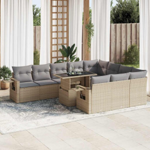 vidaXL 11-delige Tuinset met kussens poly rattan beige