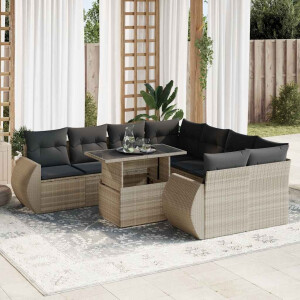 vidaXL 9-delige Loungeset met kussens poly rattan lichtgrijs