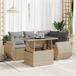 vidaXL 5-delige Loungeset met kussens poly rattan beige