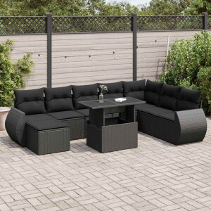 vidaXL 9-delige Loungeset met kussens poly rattan zwart
