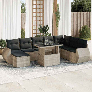 vidaXL 9-delige Loungeset met kussens poly rattan lichtgrijs