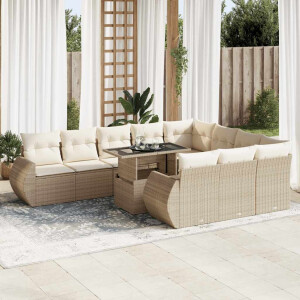 vidaXL 11-delige Tuinset met kussens poly rattan beige