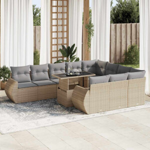 vidaXL 11-delige Tuinset met kussens poly rattan beige