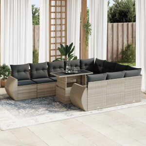 vidaXL 11-delige Loungeset met kussens poly rattan lichtgrijs