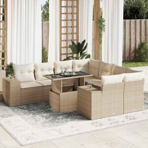 vidaXL 9-delige Loungeset met kussens poly rattan beige