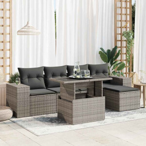 vidaXL 6-delige Loungeset met kussens poly rattan grijs