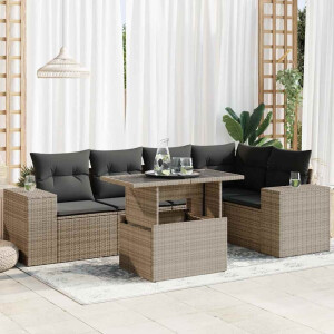 vidaXL 6-delige Loungeset met kussens poly rattan grijs