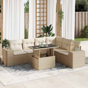 vidaXL 7-delige Loungeset met kussens poly rattan beige
