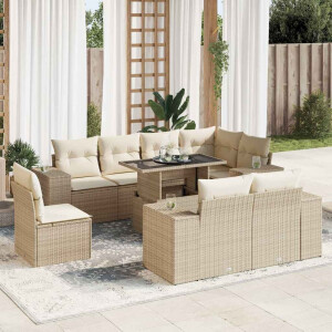 vidaXL 9-delige Loungeset met kussens poly rattan beige