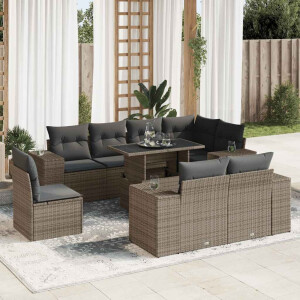 vidaXL 9-delige Loungeset met kussens poly rattan grijs