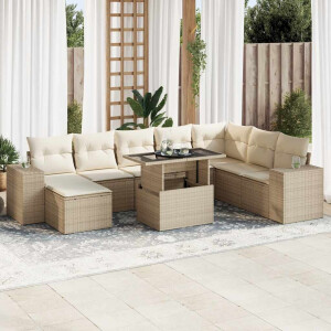 vidaXL 9-delige Loungeset met kussens poly rattan beige