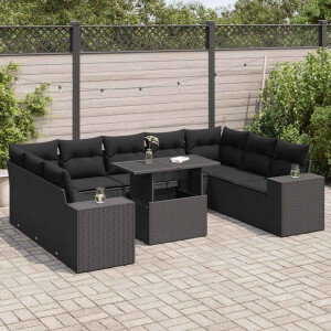 vidaXL 10-delige Loungeset met kussens poly rattan zwart