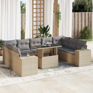 vidaXL 10-delige Loungeset met kussens poly rattan beige