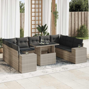 vidaXL 10-delige Loungeset met kussens poly rattan lichtgrijs