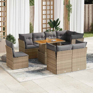 vidaXL 9-delige Loungeset met kussens poly rattan beige