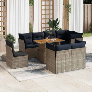 vidaXL 9-delige Loungeset met kussens poly rattan grijs