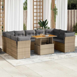 vidaXL 10-delige Loungeset met kussens poly rattan beige