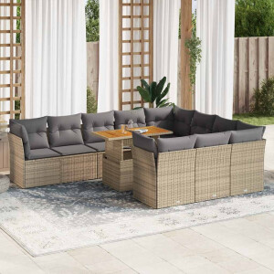 vidaXL 11-delige Tuinset met kussens poly rattan beige