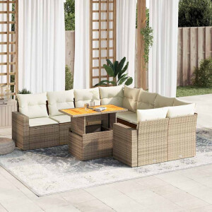 vidaXL 9-delige Loungeset met kussens poly rattan beige