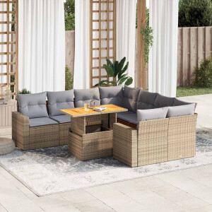 vidaXL 9-delige Loungeset met kussens poly rattan beige