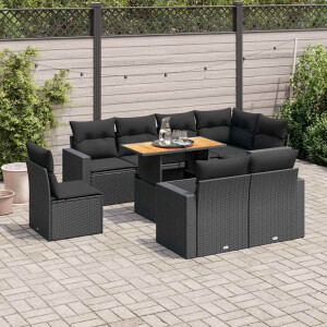 vidaXL 9-delige Loungeset met kussens poly rattan zwart